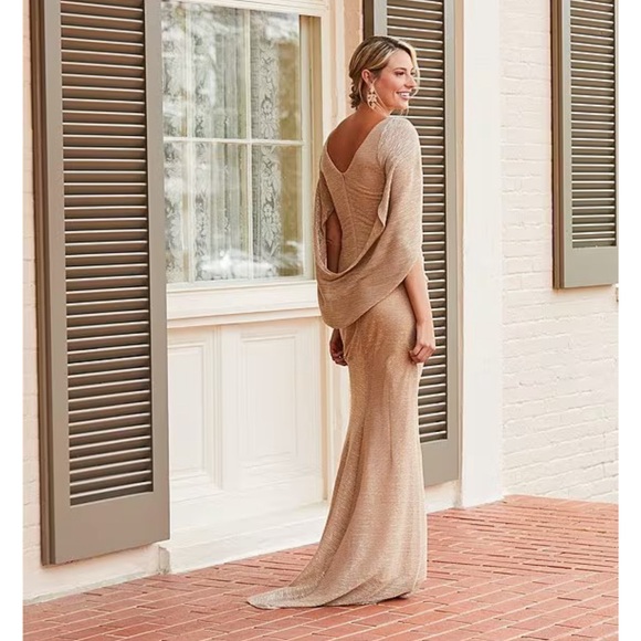 Betsy & Adam Women's Gold & Silver Metallic Surplice Cape Gown NWT - Reemoly - Picture 6 of 9